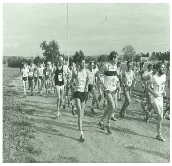 1983 Traralgon Marathon No. 91 Geoff Swaggy Wilson (left hand side at back), No. 103 Richard Jeffery and No. 108 Ian Wheeler (near front horizontal strip on singlet).